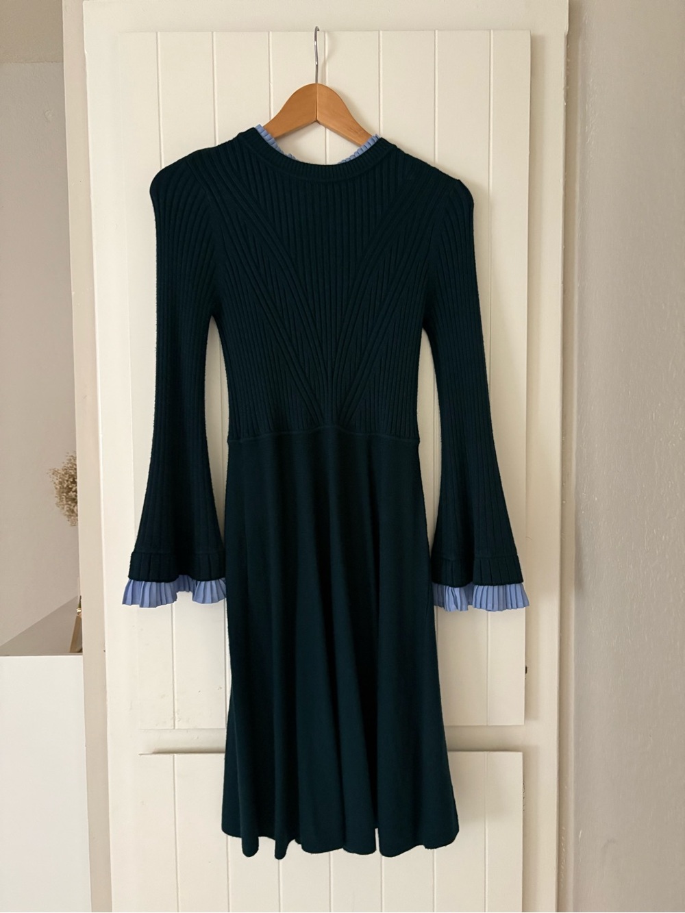 1901 Teal Long Sleeve Ribbed Fit-and-Flare Dress with Pleated Cuff Trim